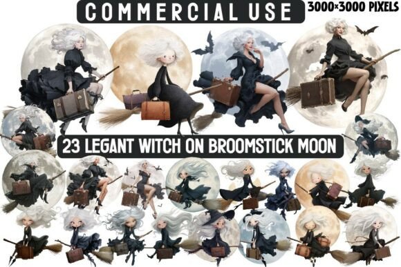 Download Elegant Witch on Broomstick Moon PNG - Elegant Collection
