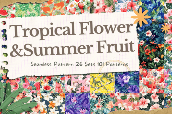Download Tropical Flower, Summer Fruit Patterns Bundle - Bundle Collection