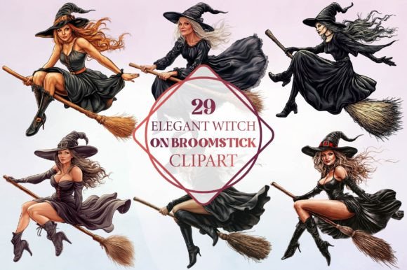 Download Elegant Witch on Broomstick Clipart - Elegant Collection